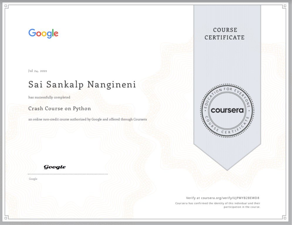 Sai Sankalp Python Certificate from Google