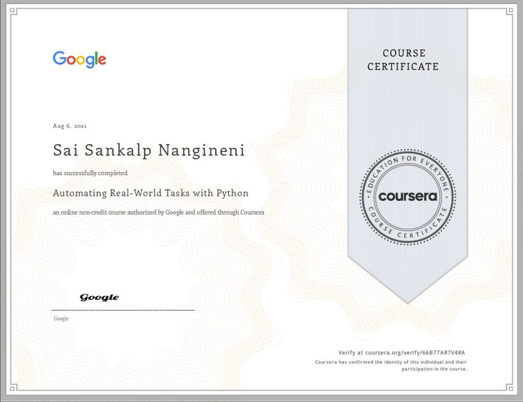 The Best Python programmer Sai Sankalp Python Certificate from Google