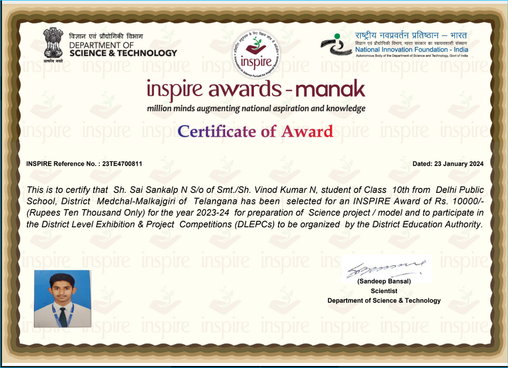 Sai Sankalp Nangineni Award of Achievement from Govt of India